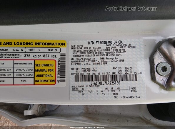 3FA6P0LU7LR225160 2020 FORD FUSION White Engine compartment view