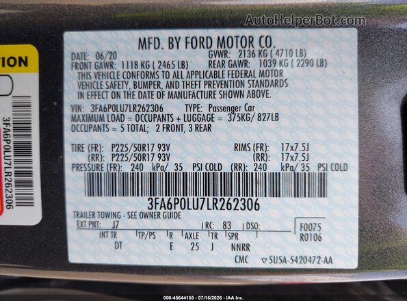 3FA6P0LU7LR262306 2020 FORD FUSION Black ძრავის განყოფილების ხედი