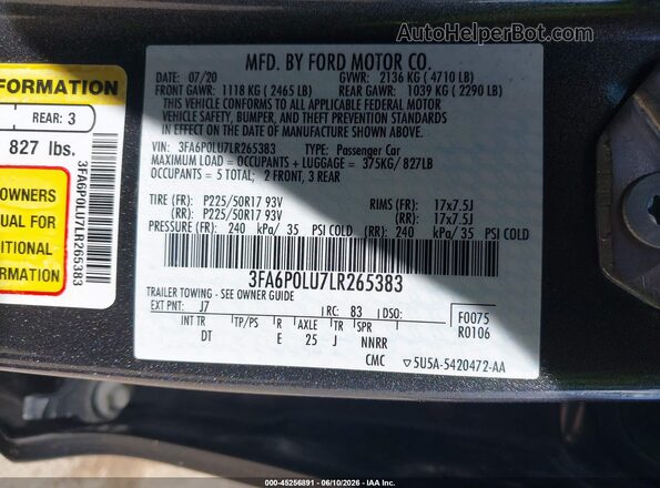 3FA6P0LU7LR265383 2020 FORD FUSION Gray ძრავის განყოფილების ხედი