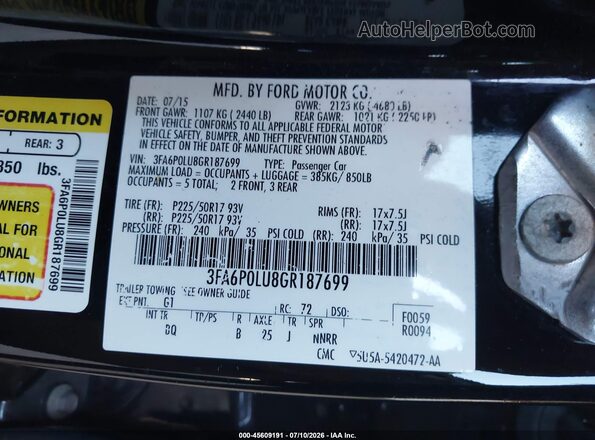 3FA6P0LU8GR187699 2016 FORD FUSION HYBRID Black Vista del compartimento del motor