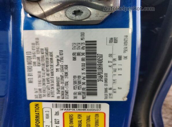3FA6P0LU8HR400507 2017 FORD FUSION Синий Вид подкапотного пространства