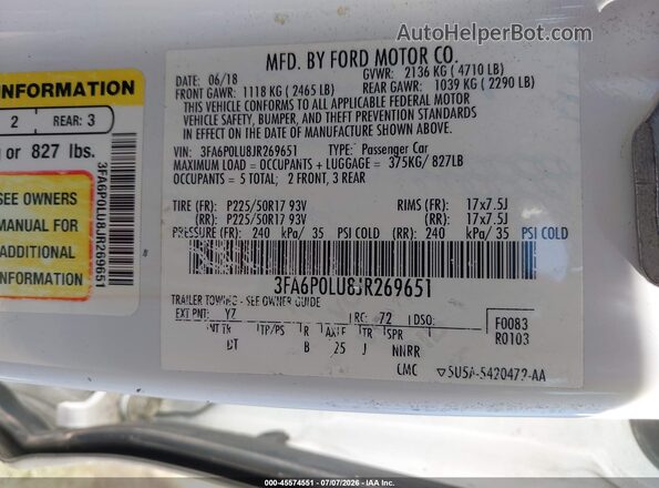 3FA6P0LU8JR269651 2018 FORD FUSION HYBRID White Вид підкапотного простору