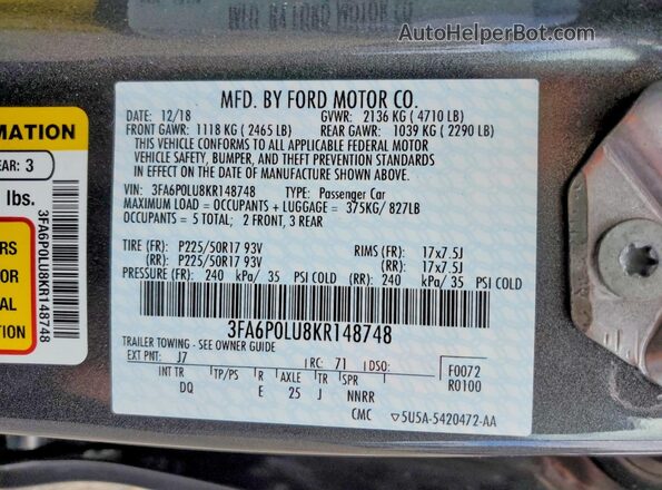 3FA6P0LU8KR148748 2019 FORD FUSION Угольный Вид подкапотного пространства