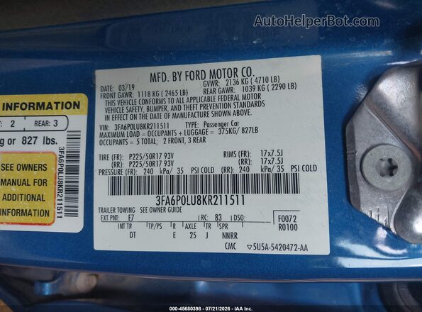 3FA6P0LU8KR211511 2019 FORD FUSION HYBRID Blue Widok komory silnika