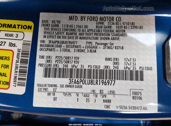 3FA6P0LU8LR196977 2020 FORD FUSION Blue Вид підкапотного простору