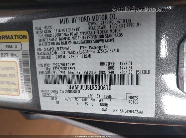 3FA6P0LU8LR200610 2020 FORD FUSION Gray Շարժիչի բաժամունքի տեսք