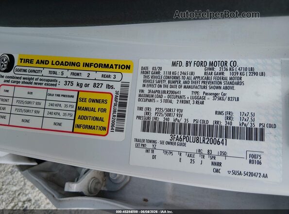 3FA6P0LU8LR200641 2020 FORD FUSION White Widok komory silnika