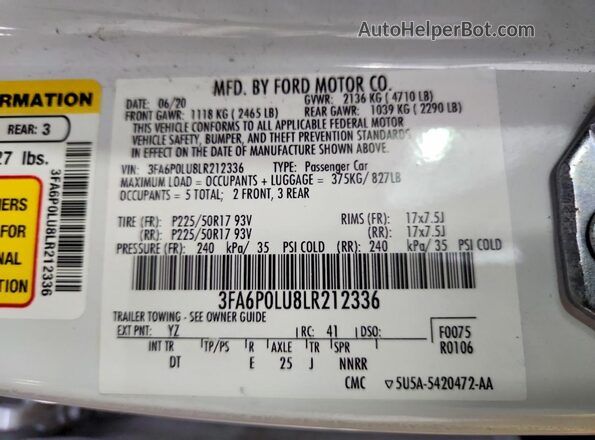 3FA6P0LU8LR212336 2020 FORD FUSION White Engine compartment view