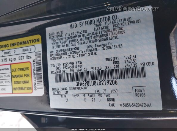 3FA6P0LU8LR219206 2020 FORD FUSION Black ძრავის განყოფილების ხედი
