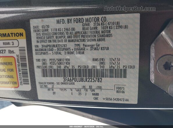 3FA6P0LU8LR225782 2020 FORD FUSION Gray Vista del compartimento del motor