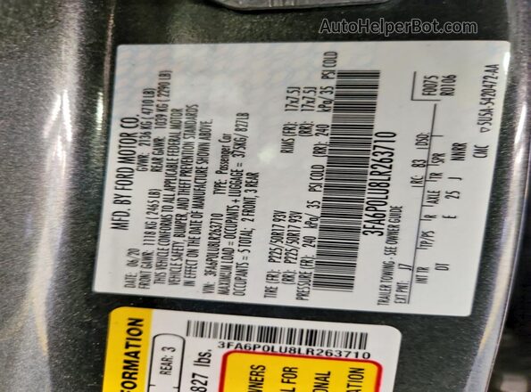 3FA6P0LU8LR263710 2020 FORD FUSION Gray Vista de la etiqueta del VIN