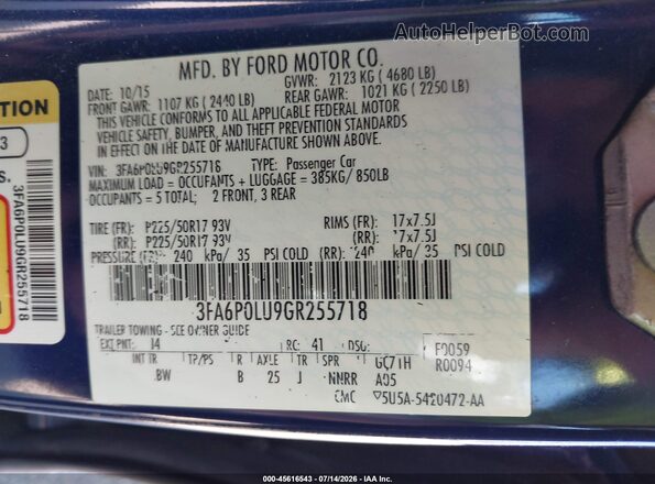 3FA6P0LU9GR255718 2016 FORD FUSION HYBRID Blue Widok komory silnika
