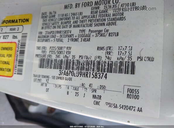 3FA6P0LU9HR158374 2017 FORD FUSION HYBRID White Вид підкапотного простору