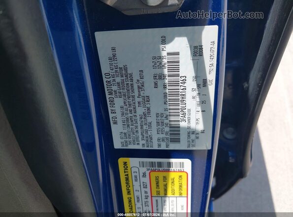 3FA6P0LU9HR167463 2017 FORD FUSION HYBRID Blue Вид підкапотного простору