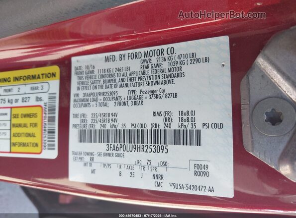 3FA6P0LU9HR253095 2017 FORD FUSION HYBRID Red Շարժիչի բաժամունքի տեսք