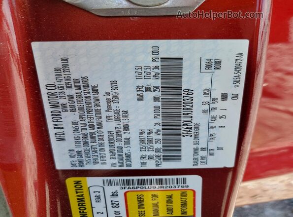 3FA6P0LU9JR203769 2018 FORD FUSION Red VIN sticker view