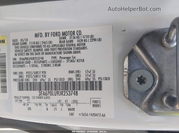 3FA6P0LU9JR253748 2018 FORD FUSION HYBRID White Engine compartment view