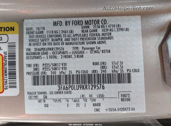 3FA6P0LU9KR129576 2019 FORD FUSION HYBRID Champagne Vista del compartimento del motor