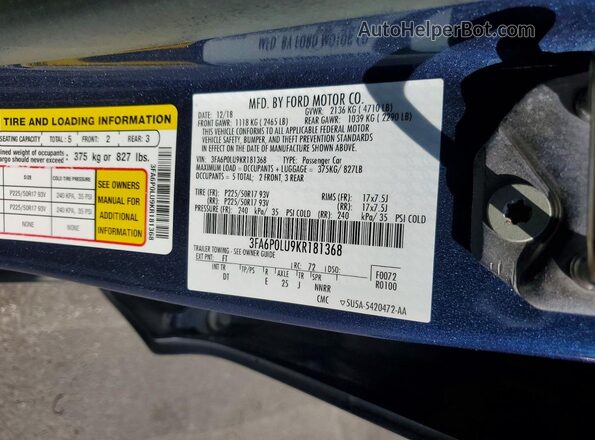 3FA6P0LU9KR181368 2019 FORD FUSION Blue Вид підкапотного простору