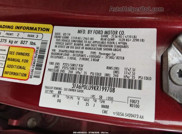 3FA6P0LU9KR199708 2019 FORD FUSION HYBRID Red ძრავის განყოფილების ხედი