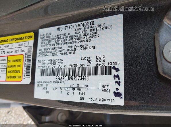 3FA6P0LU9LR173448 2020 FORD FUSION Gray Вид наклейки з VIN-кодом