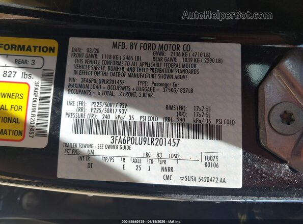 3FA6P0LU9LR201457 2020 FORD FUSION Black Engine compartment view