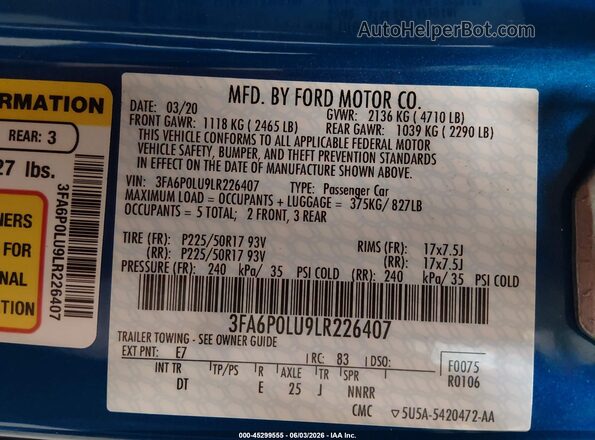 3FA6P0LU9LR226407 2020 FORD FUSION Синий Вид подкапотного пространства