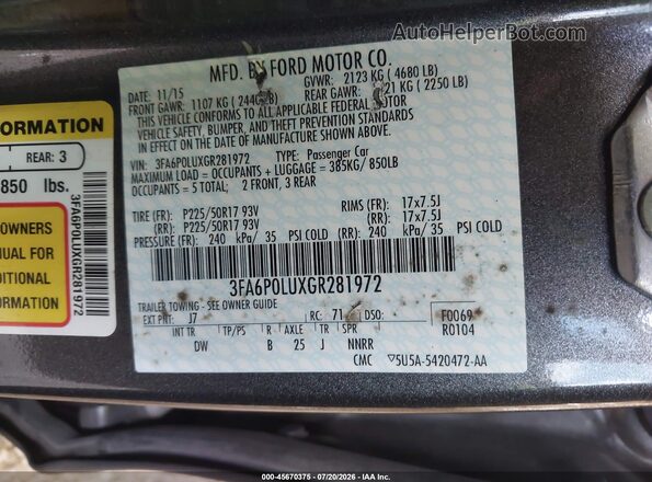 3FA6P0LUXGR281972 2016 FORD FUSION HYBRID Gray Widok komory silnika