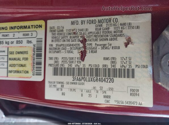 3FA6P0LUXGR404220 2016 FORD FUSION HYBRID Red Вид підкапотного простору