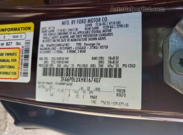 3FA6P0LUXHR167407 2017 FORD FUSION Maroon Շարժիչի բաժամունքի տեսք