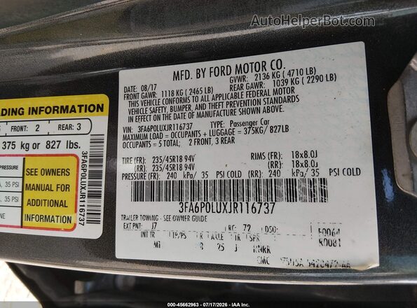 3FA6P0LUXJR116737 2018 FORD FUSION HYBRID Gray Widok komory silnika