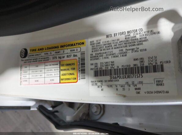 3FA6P0LUXJR171575 2018 FORD FUSION HYBRID White Շարժիչի բաժամունքի տեսք