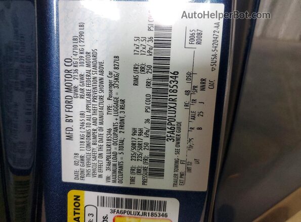 3FA6P0LUXJR185346 2018 FORD FUSION Синий Вид подкапотного пространства