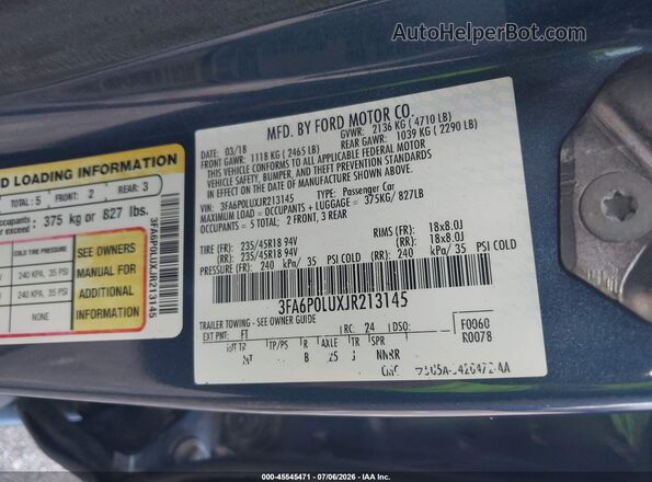 3FA6P0LUXJR213145 2018 FORD FUSION HYBRID Blue Вид підкапотного простору