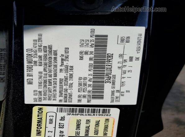 3FA6P0LUXLR199282 2020 FORD FUSION Black Engine compartment view