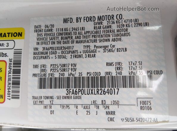 3FA6P0LUXLR264017 2020 FORD FUSION White ძრავის განყოფილების ხედი