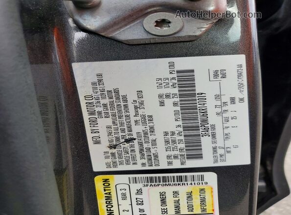 3FA6P0MU6KR141019 2019 FORD FUSION Gray ძრავის განყოფილების ხედი