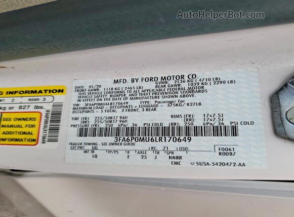 3FA6P0MU6LR170649 2020 FORD FUSION White ძრავის განყოფილების ხედი