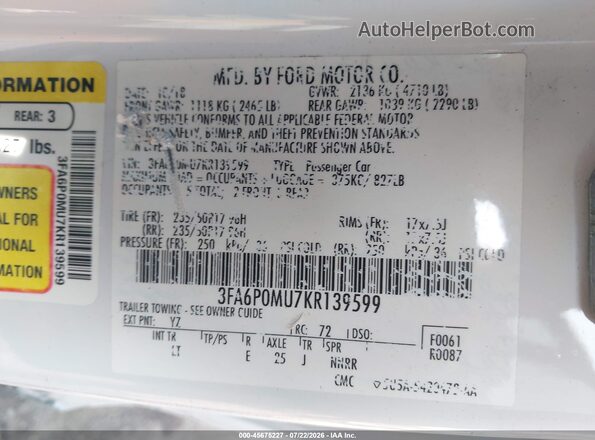 3FA6P0MU7KR139599 2019 FORD FUSION HYBRID White Vista del compartimento del motor