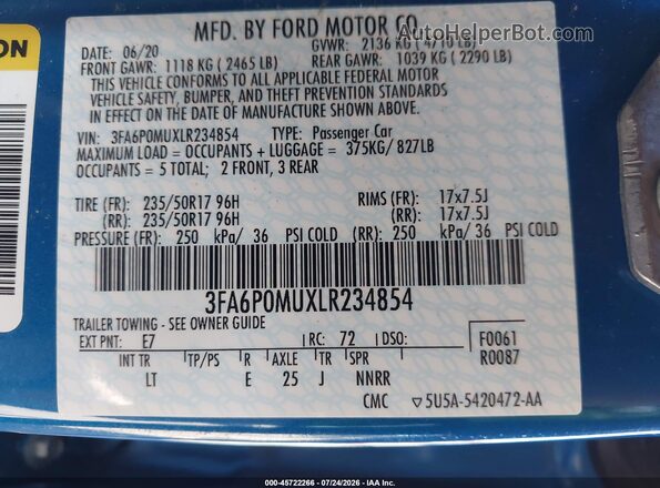 3FA6P0MUXLR234854 2020 FORD FUSION Blue Engine compartment view