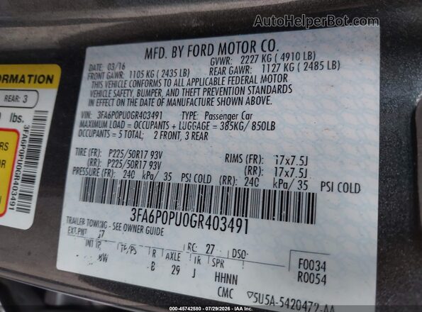 3FA6P0PU0GR403491 2016 FORD FUSION ENERGI Gray Widok komory silnika