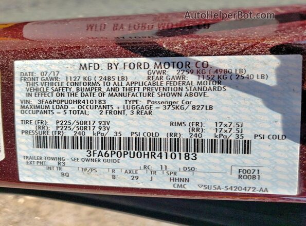 3FA6P0PU0HR410183 2017 FORD FUSION Бордовый Вид подкапотного пространства