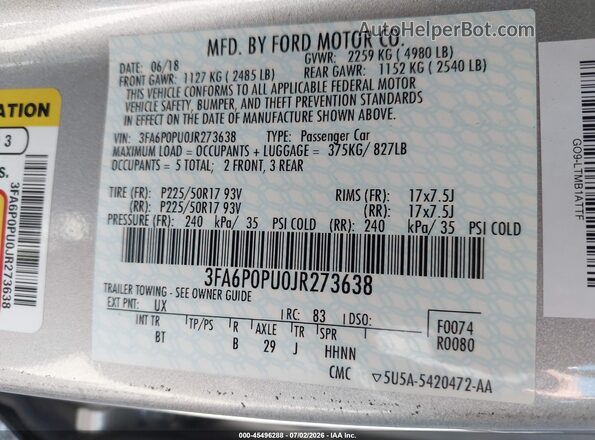 3FA6P0PU0JR273638 2018 FORD FUSION ENERGI Silver ძრავის განყოფილების ხედი