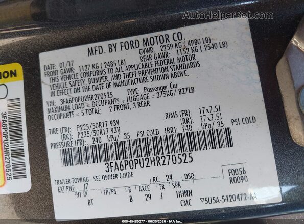 3FA6P0PU2HR270525 2017 FORD FUSION ENERGI Gray Շարժիչի բաժամունքի տեսք
