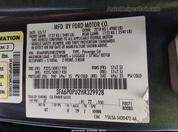 3FA6P0PU2HR329928 2017 FORD FUSION ENERGI Gray Vista del compartimento del motor
