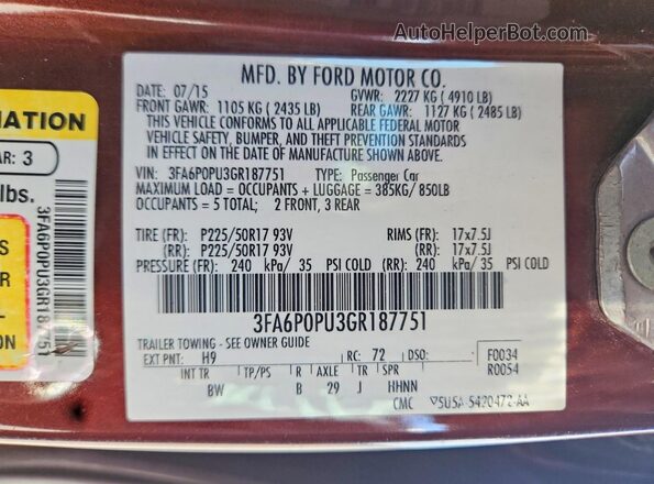 3FA6P0PU3GR187751 2016 FORD FUSION Maroon Вид наклейки з VIN-кодом