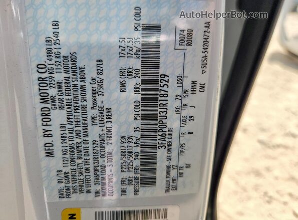 3FA6P0PU3JR187529 2018 FORD FUSION White Widok naklejki z numerem VIN