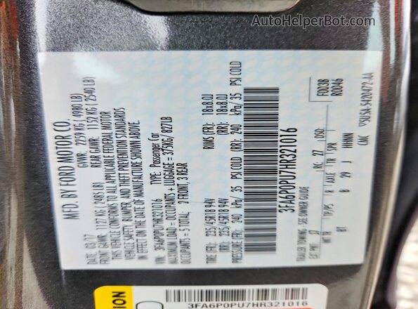 3FA6P0PU7HR321016 2017 FORD FUSION Gray Շարժիչի բաժամունքի տեսք