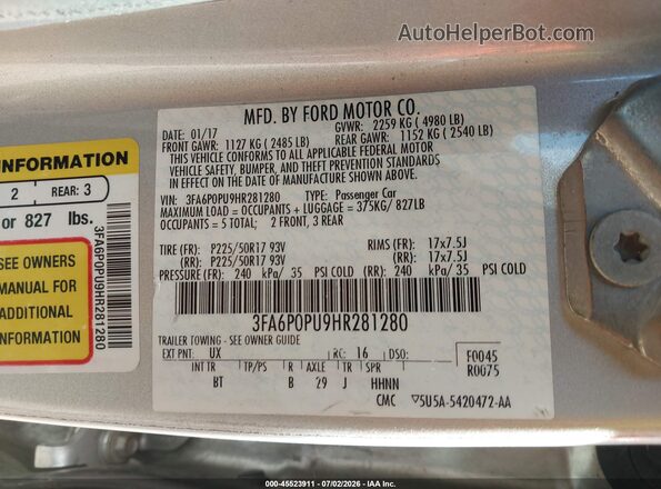 3FA6P0PU9HR281280 2017 FORD FUSION ENERGI Silver Widok komory silnika