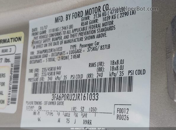 3FA6P0RU2JR161033 2018 FORD FUSION HYBRID Gold Widok komory silnika